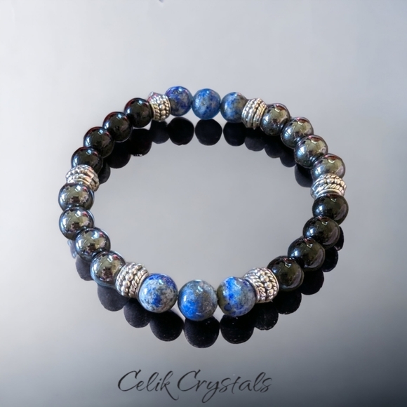 Lapis Lazuli & Hematite Men's Bracelet Natural Stones 8mm Stretches - Picture 1 of 5